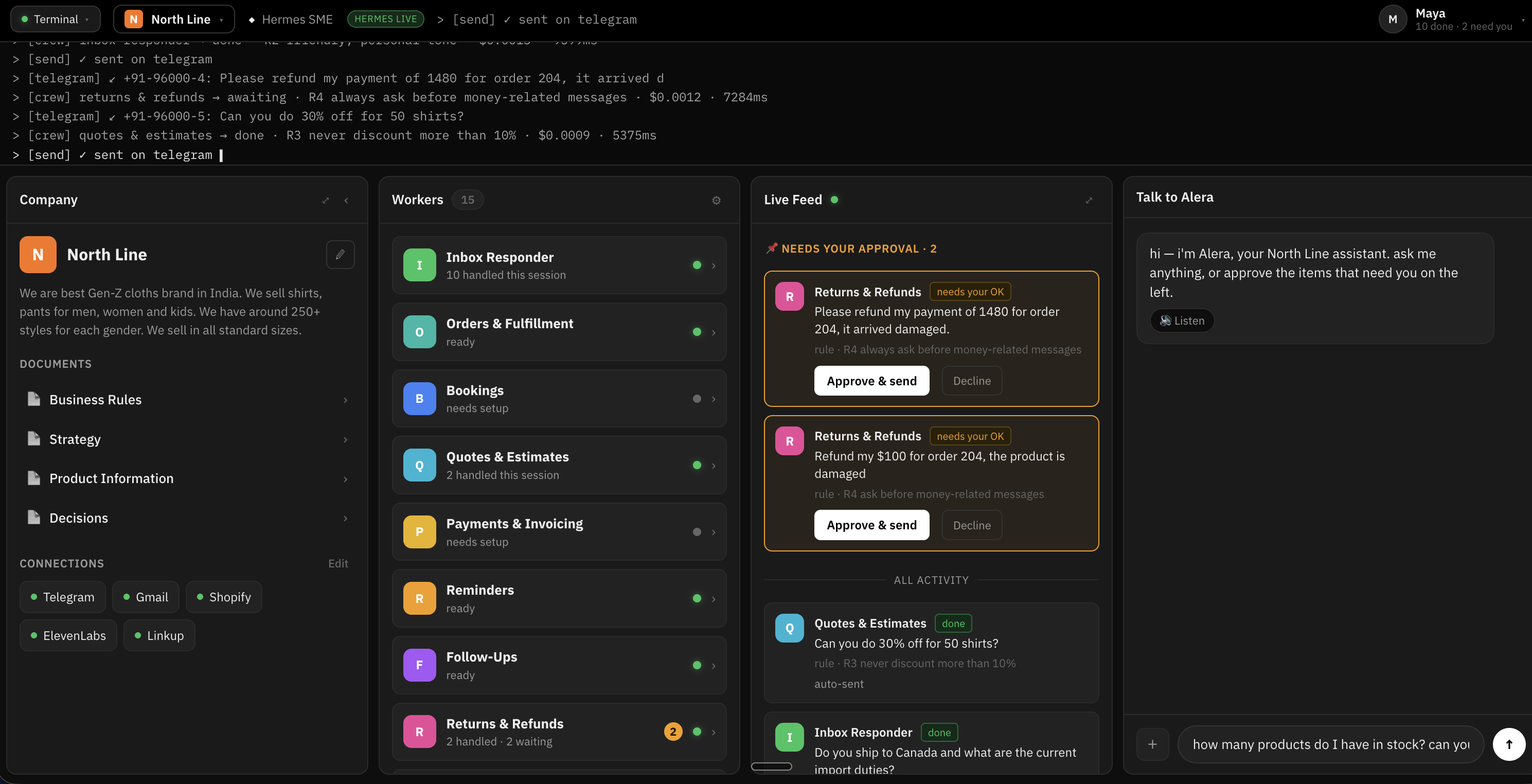 Alera — live agent trace with tokens and cost per step